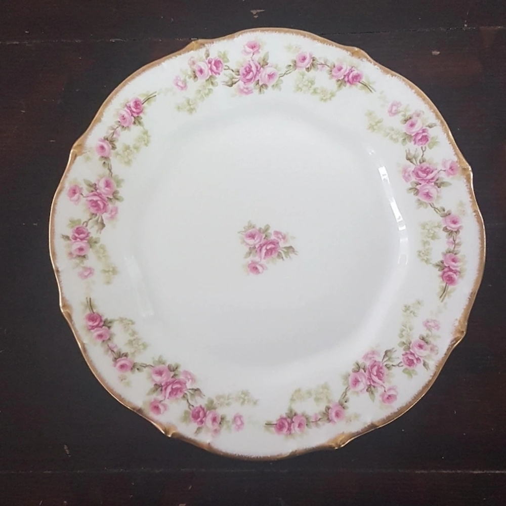 4pc Elite Works Limoges Dessert Plate Set, Big Pink Roses, White Floral Swag